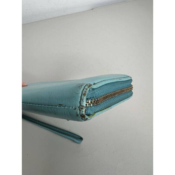 Fossil Teal Leather Zip Around Wallet Wristlet - Picture 6 of 16